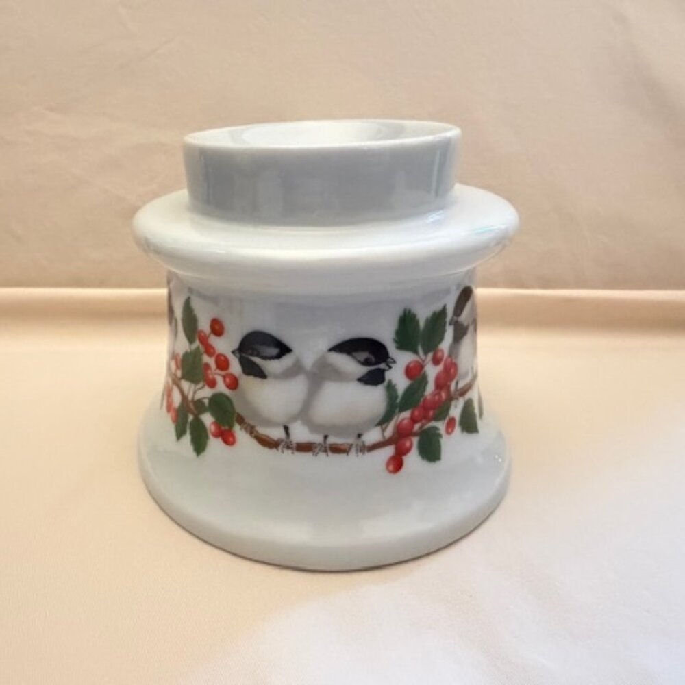 Porcelain Chickadee Bird and Berry Twig Candle Holder